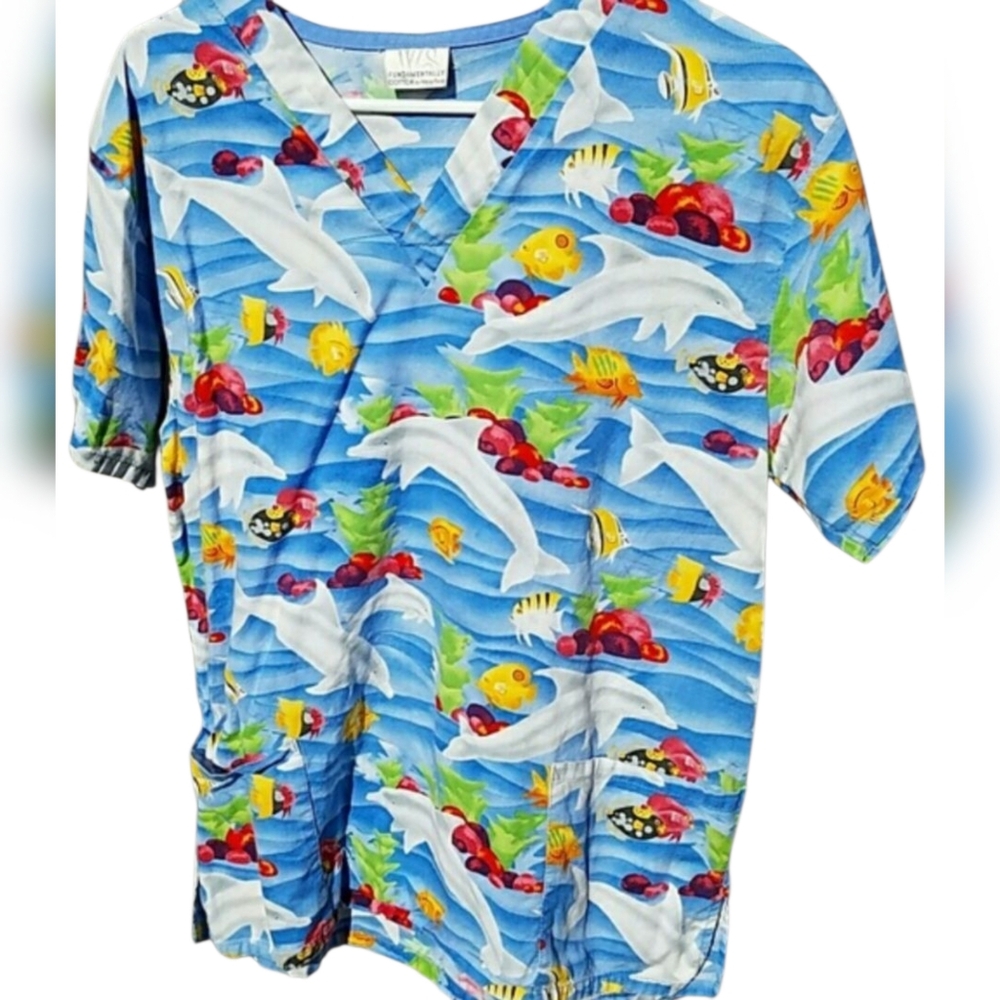 White Swan Scrub Top with Ocean Sea Life Dolphins and Fish
